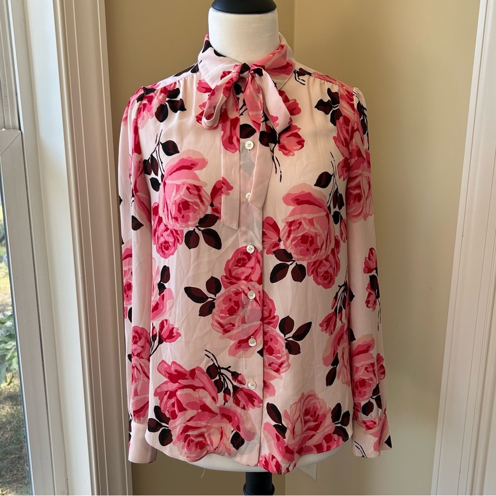 Kate Spade Pink Rose Floral Button Down Blouse with Necktie Long Sleeve